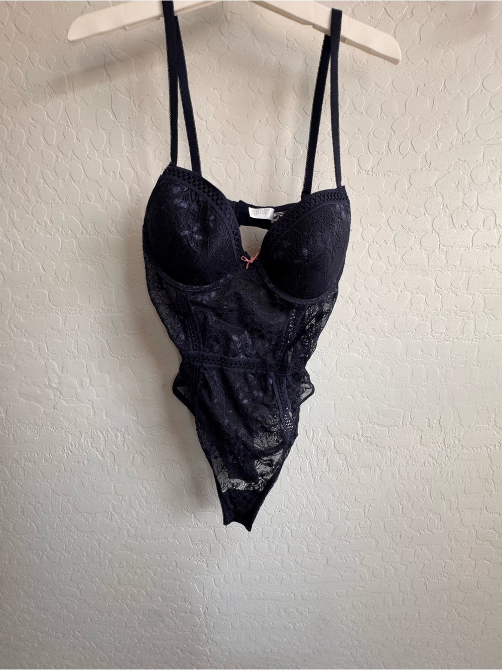 Black Lace Underwire Bodysuit with Pink Accent